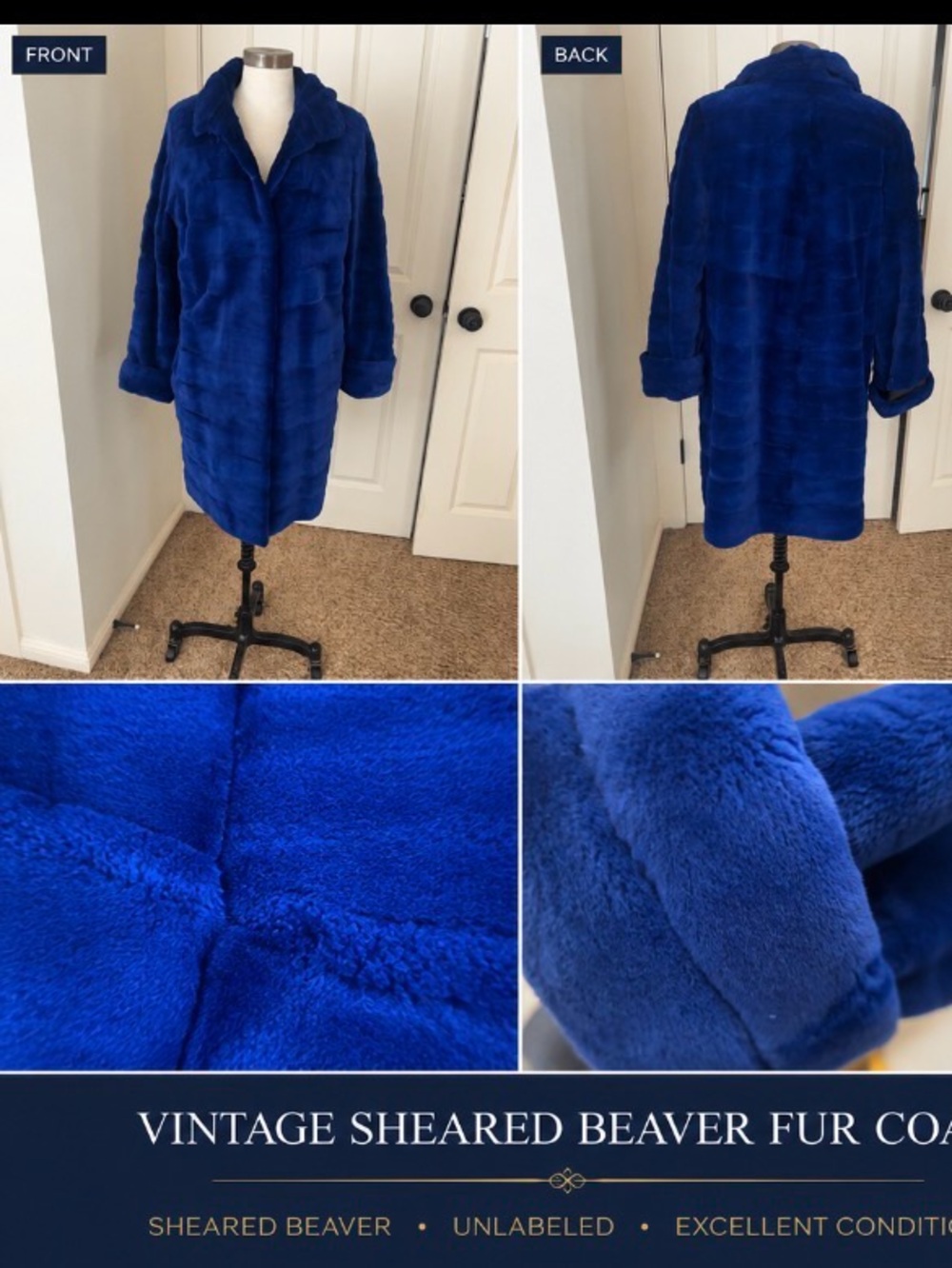 Source Unknown Royal Blue Sheared Beaver Fur Trench Coat